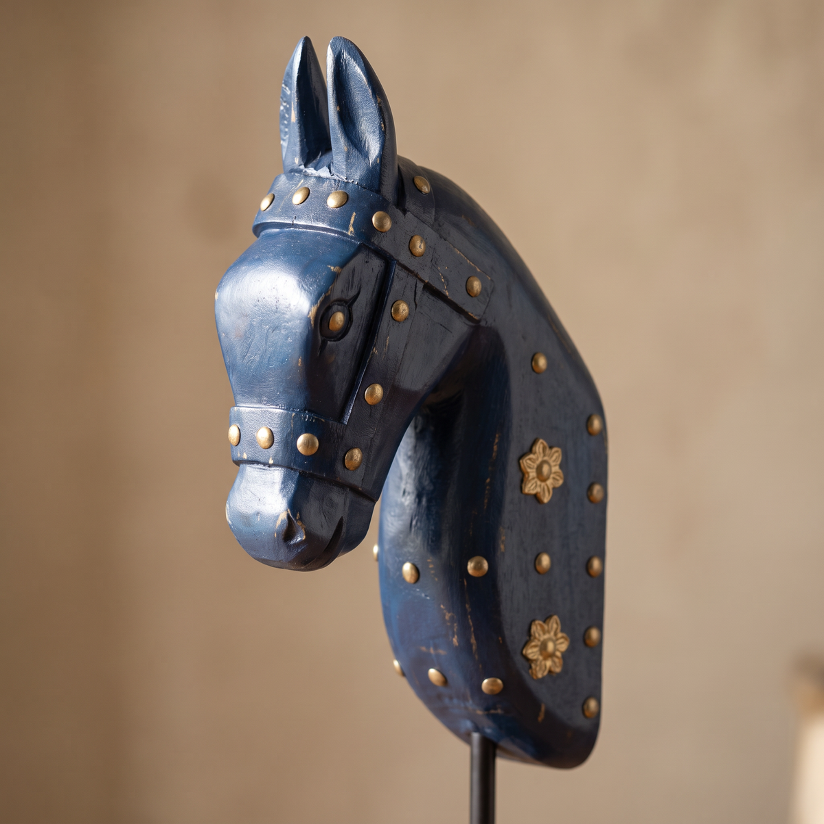 Wooden Horse on Metal Stand | Navy Blue with brass studding | H -13.5 inch (4x3 inch base)