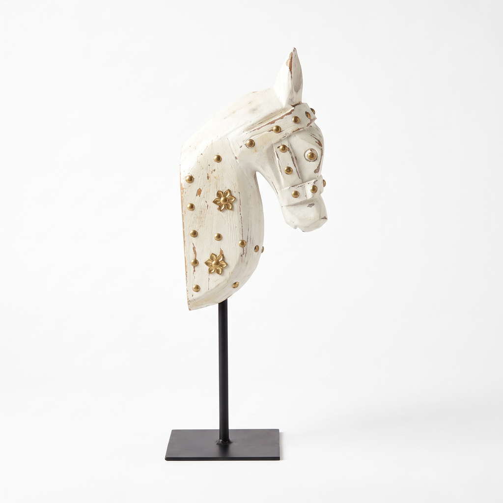 Wooden Horse on Metal Stand | White with brass studding | H -13.5 inch (4x3 inch base)