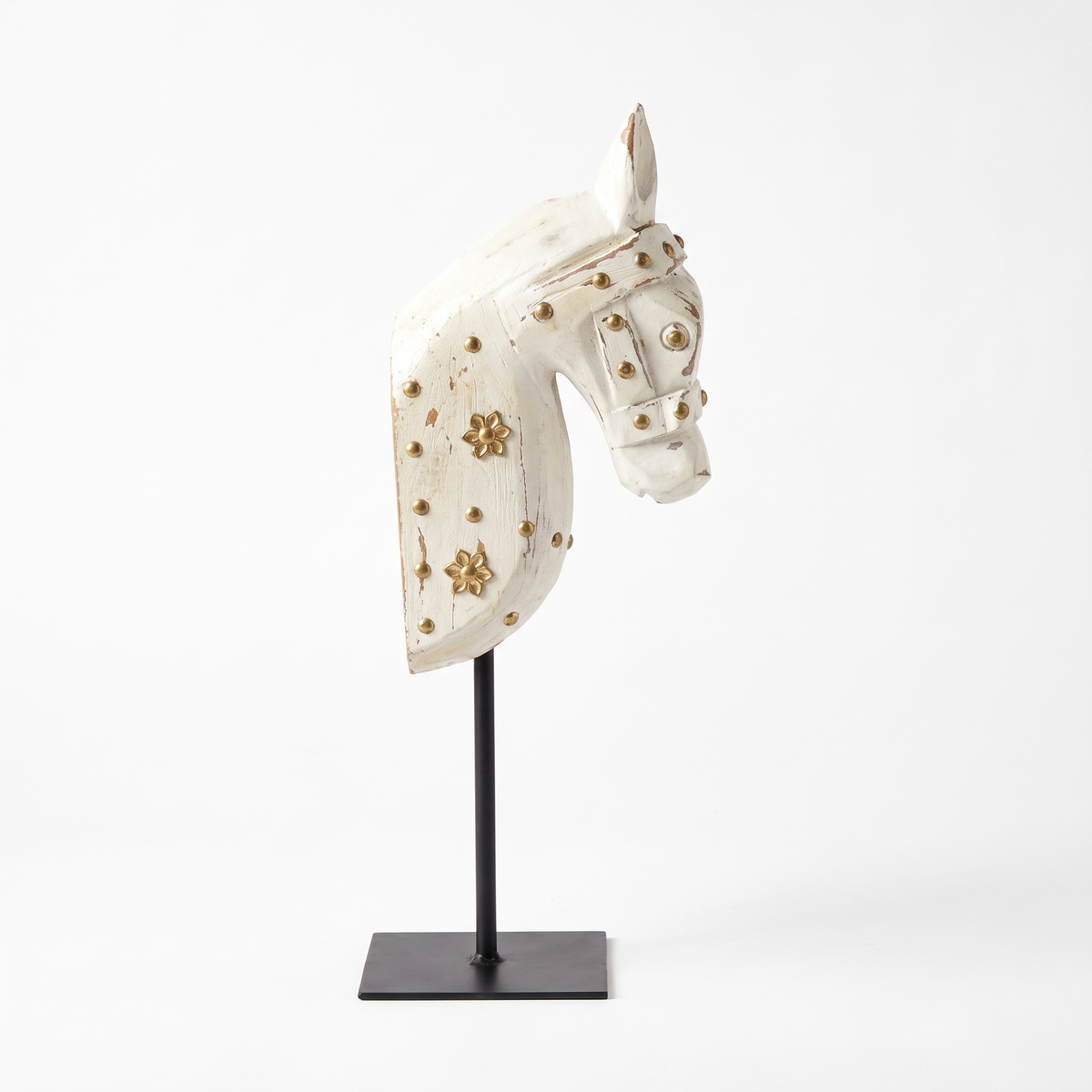 Wooden Horse on Metal Stand | White with brass studding | H -13.5 inch (4x3 inch base)