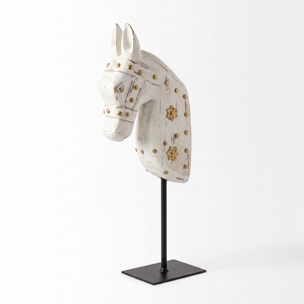 Wooden Horse on Metal Stand | White with brass studding | H -13.5 inch (4x3 inch base)