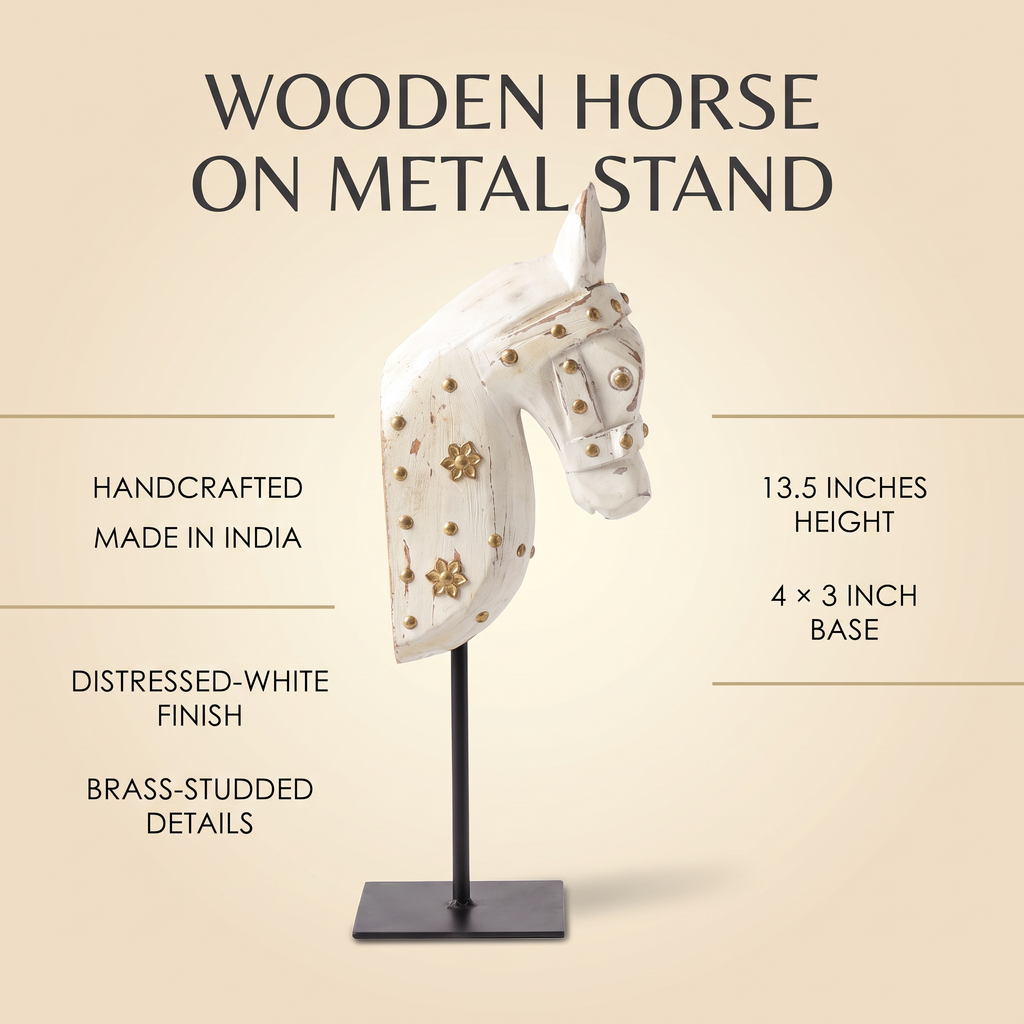 Wooden Horse on Metal Stand | White with brass studding | H -13.5 inch (4x3 inch base)