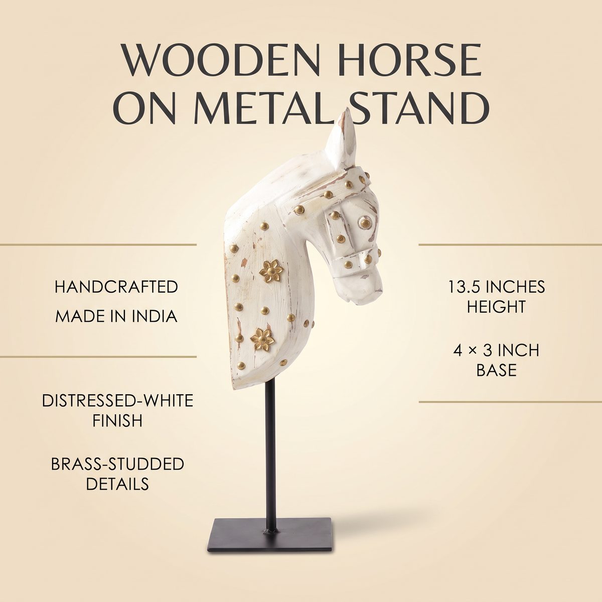 Wooden Horse on Metal Stand | White with brass studding | H -13.5 inch (4x3 inch base)