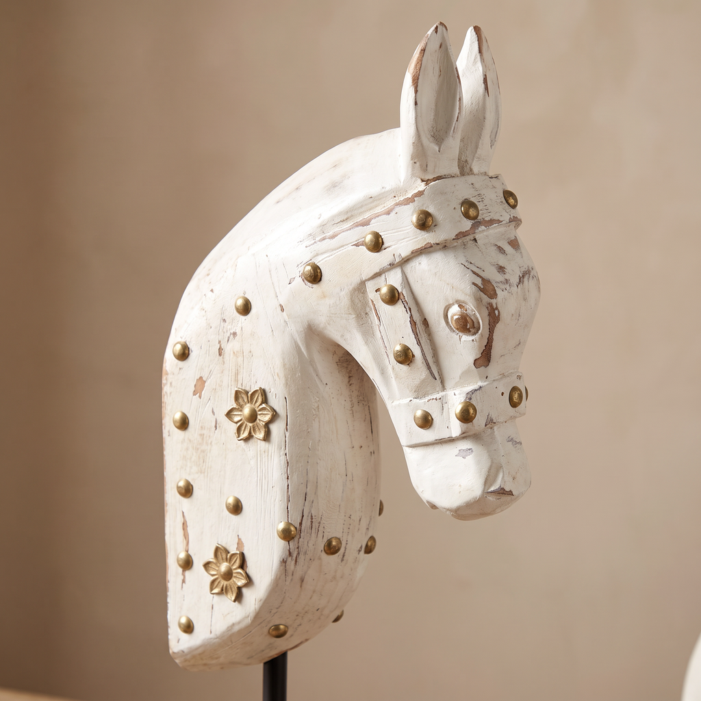 Wooden Horse on Metal Stand | White with brass studding | H -13.5 inch (4x3 inch base)