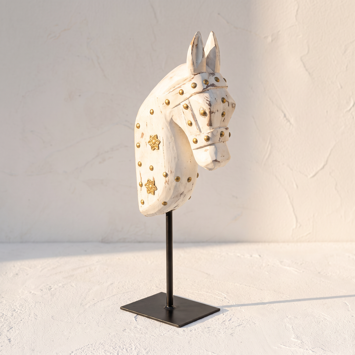 Wooden Horse on Metal Stand | White with brass studding | H -13.5 inch (4x3 inch base)