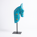 Wooden Horse on Metal Stand | Light Blue with brass studding | H -13.5 inch (4x3 inch base)