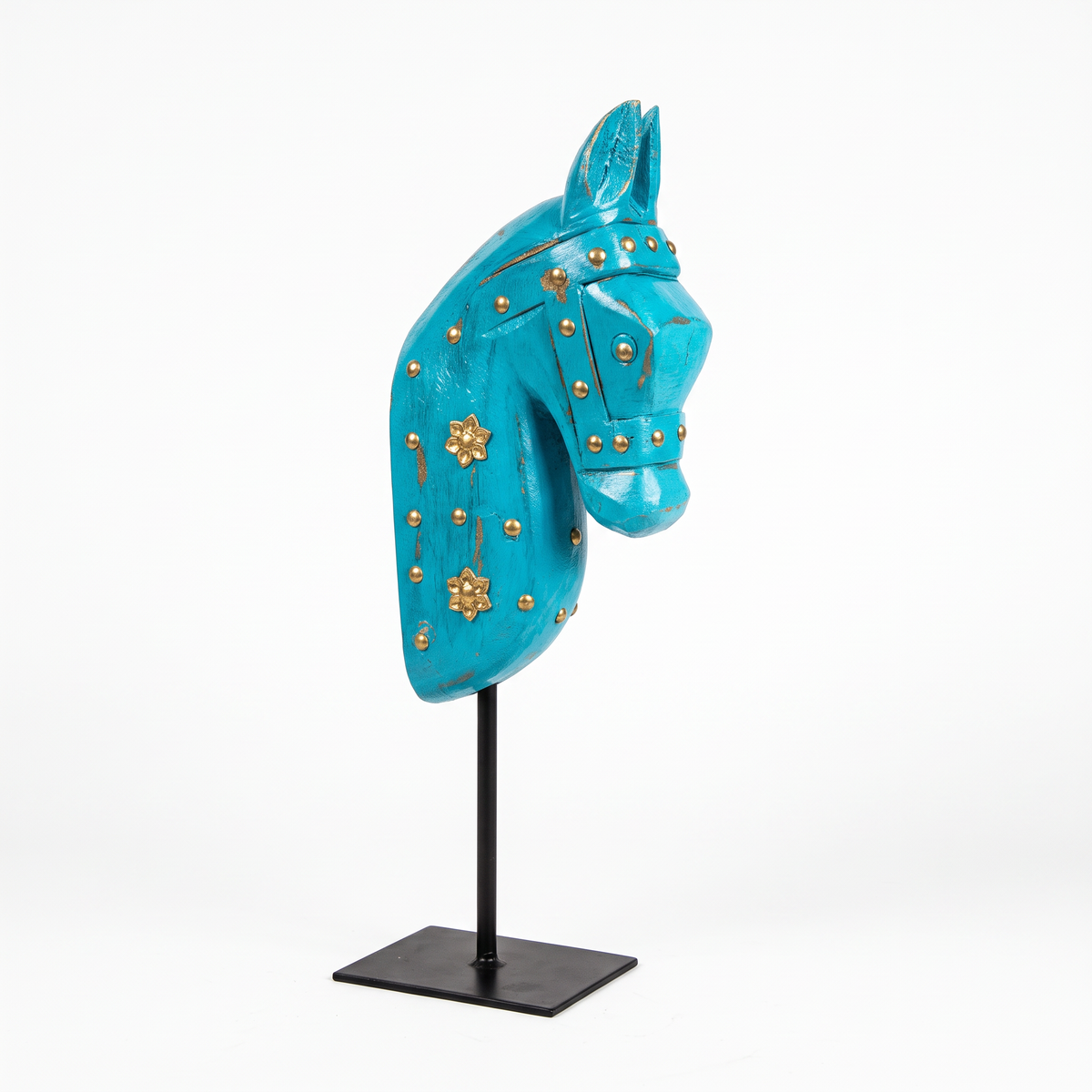 Wooden Horse on Metal Stand | Light Blue with brass studding | H -13.5 inch (4x3 inch base)