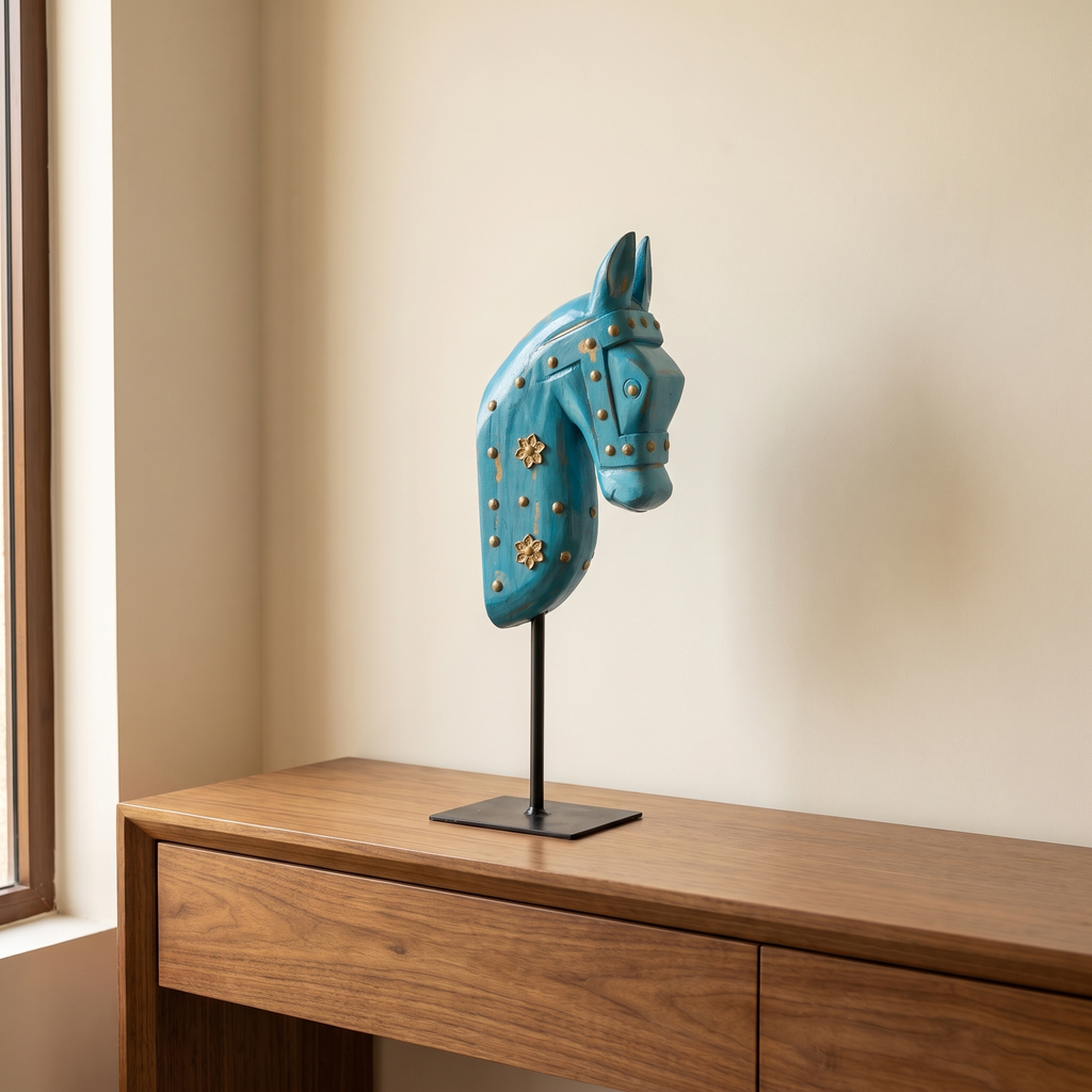 Wooden Horse on Metal Stand | Light Blue with brass studding | H -13.5 inch (4x3 inch base)