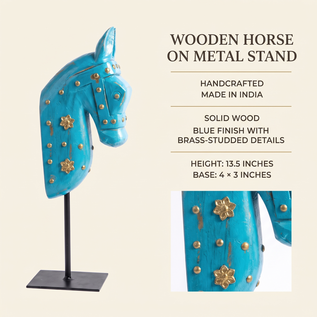 Wooden Horse on Metal Stand | Light Blue with brass studding | H -13.5 inch (4x3 inch base)