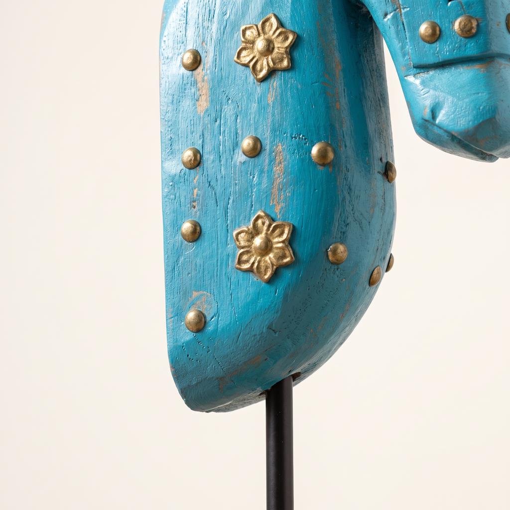 Wooden Horse on Metal Stand | Light Blue with brass studding | H -13.5 inch (4x3 inch base)