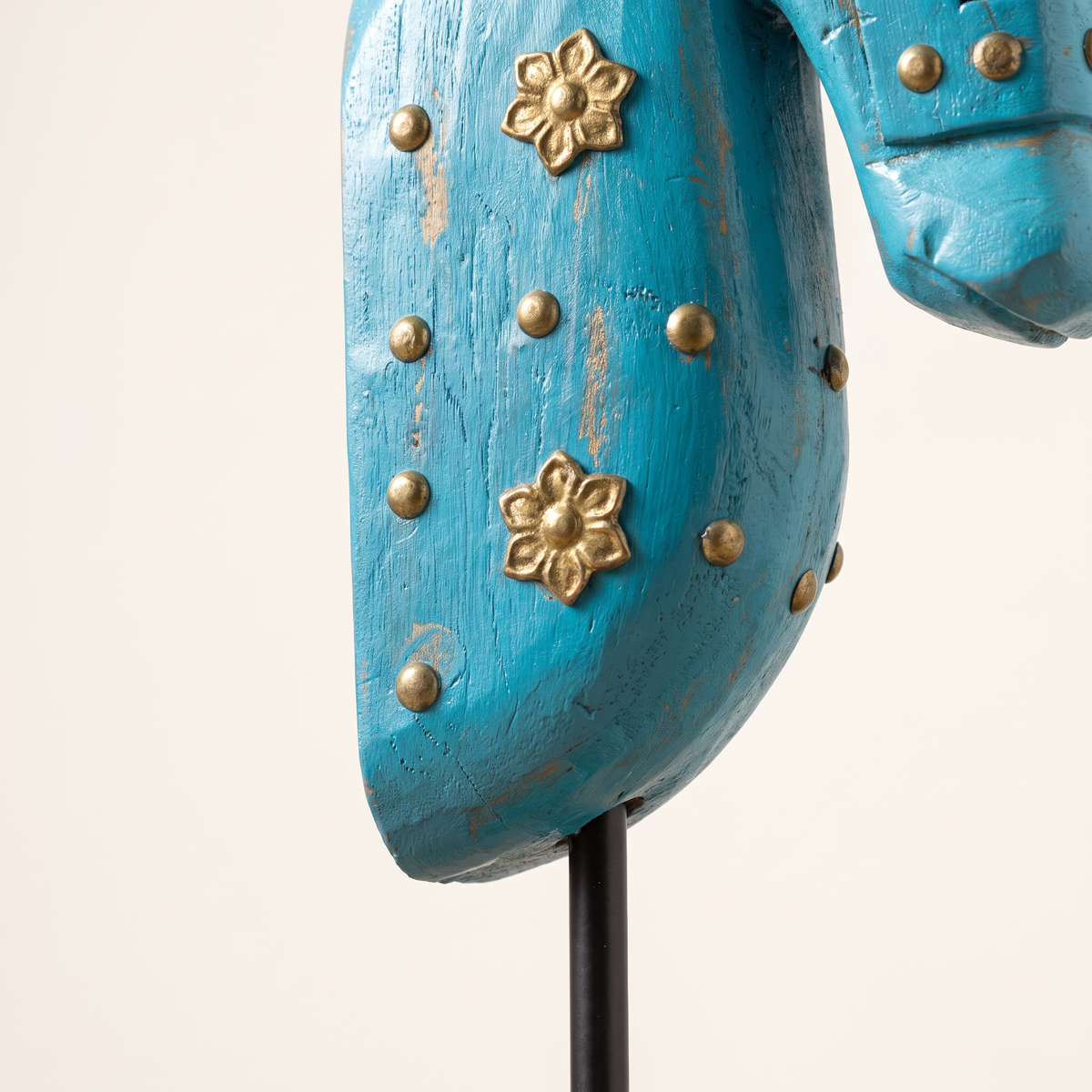 Wooden Horse on Metal Stand | Light Blue with brass studding | H -13.5 inch (4x3 inch base)