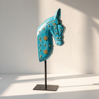 Wooden Horse on Metal Stand | Light Blue with brass studding | H -13.5 inch (4x3 inch base)