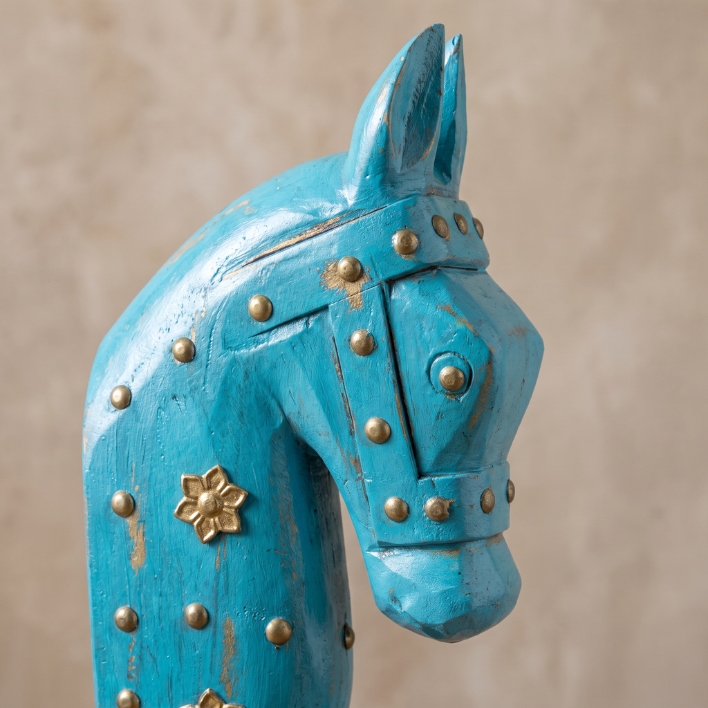 Wooden Horse on Metal Stand | Light Blue with brass studding | H -13.5 inch (4x3 inch base)