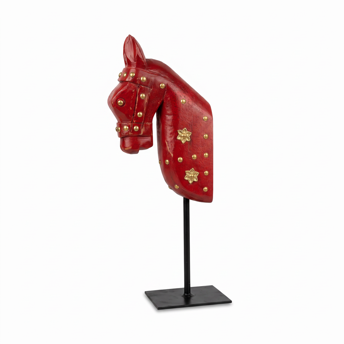 Wooden Horse on Metal Stand | Red with brass studding | H -13.5 inch (4x3 inch base)