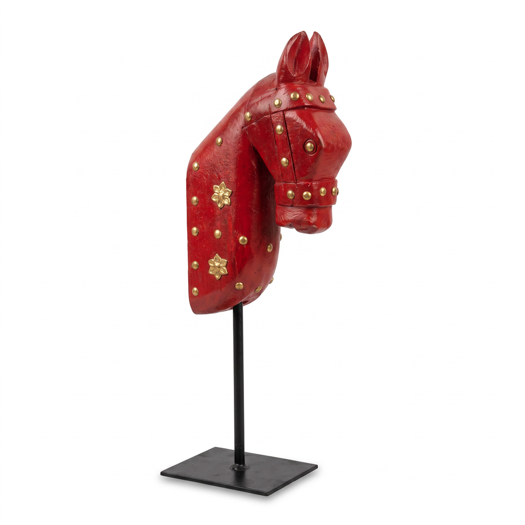 Wooden Horse on Metal Stand | Red with brass studding | H -13.5 inch (4x3 inch base)