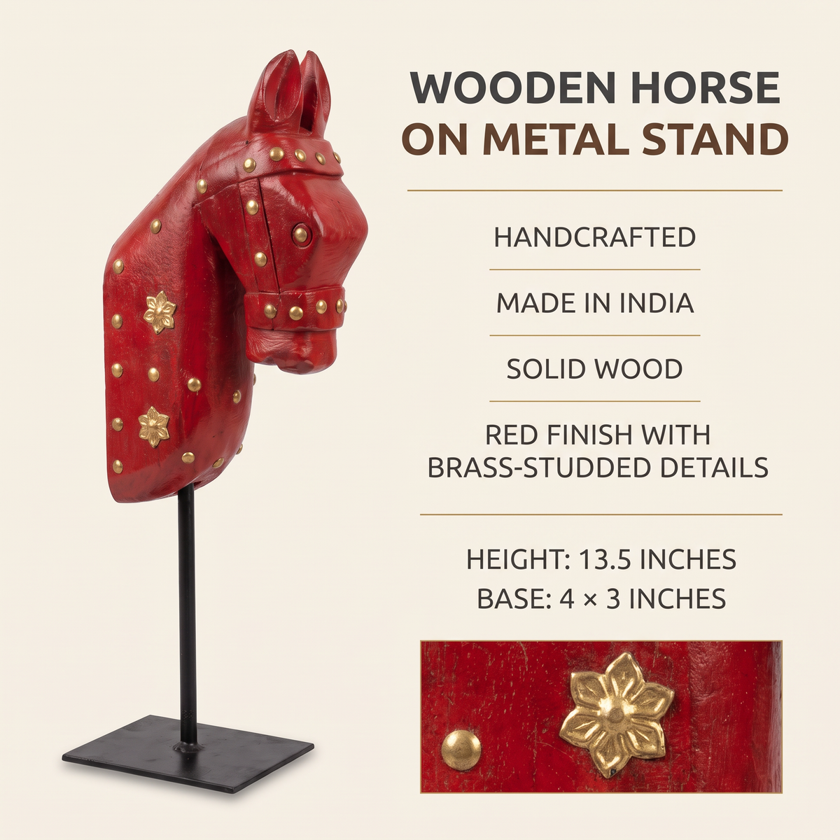 Wooden Horse on Metal Stand | Red with brass studding | H -13.5 inch (4x3 inch base)
