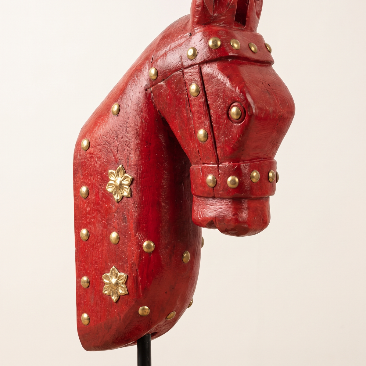 Wooden Horse on Metal Stand | Red with brass studding | H -13.5 inch (4x3 inch base)