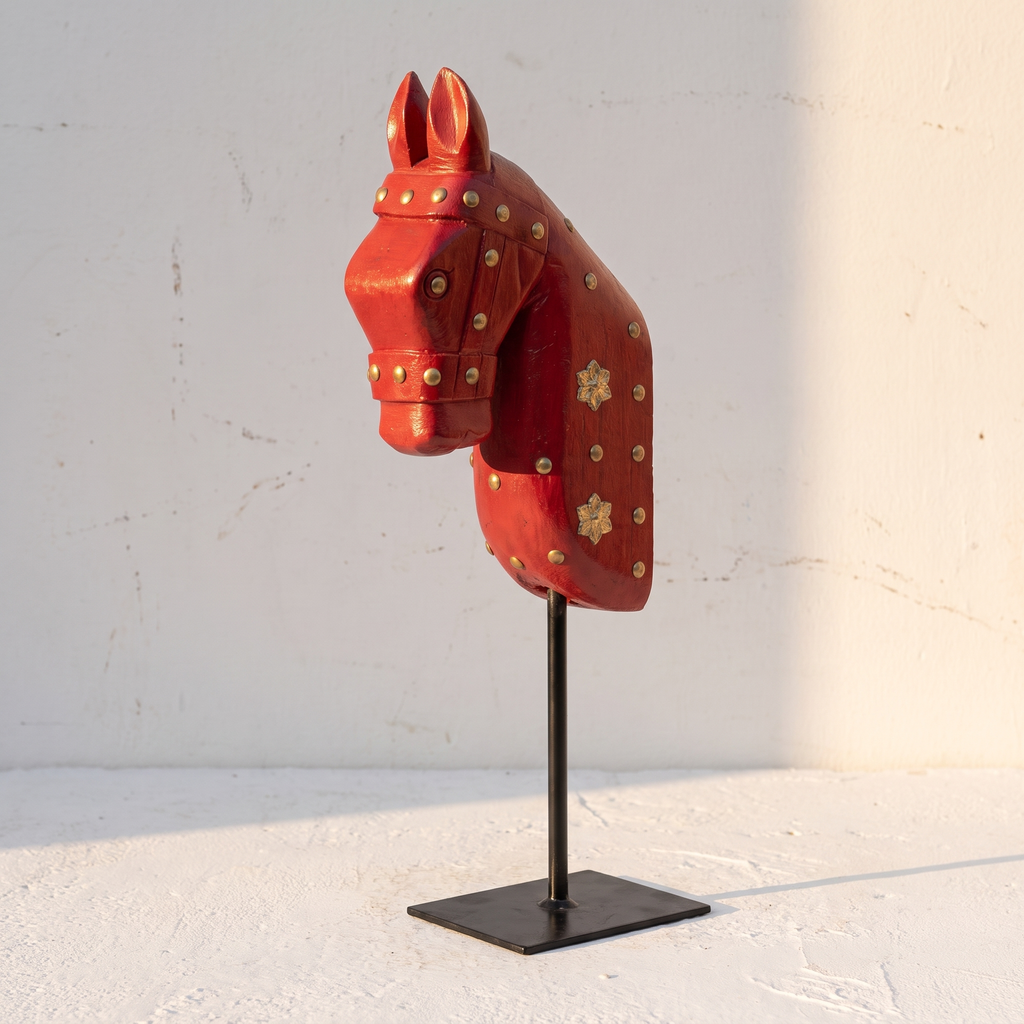Wooden Horse on Metal Stand | Red with brass studding | H -13.5 inch (4x3 inch base)