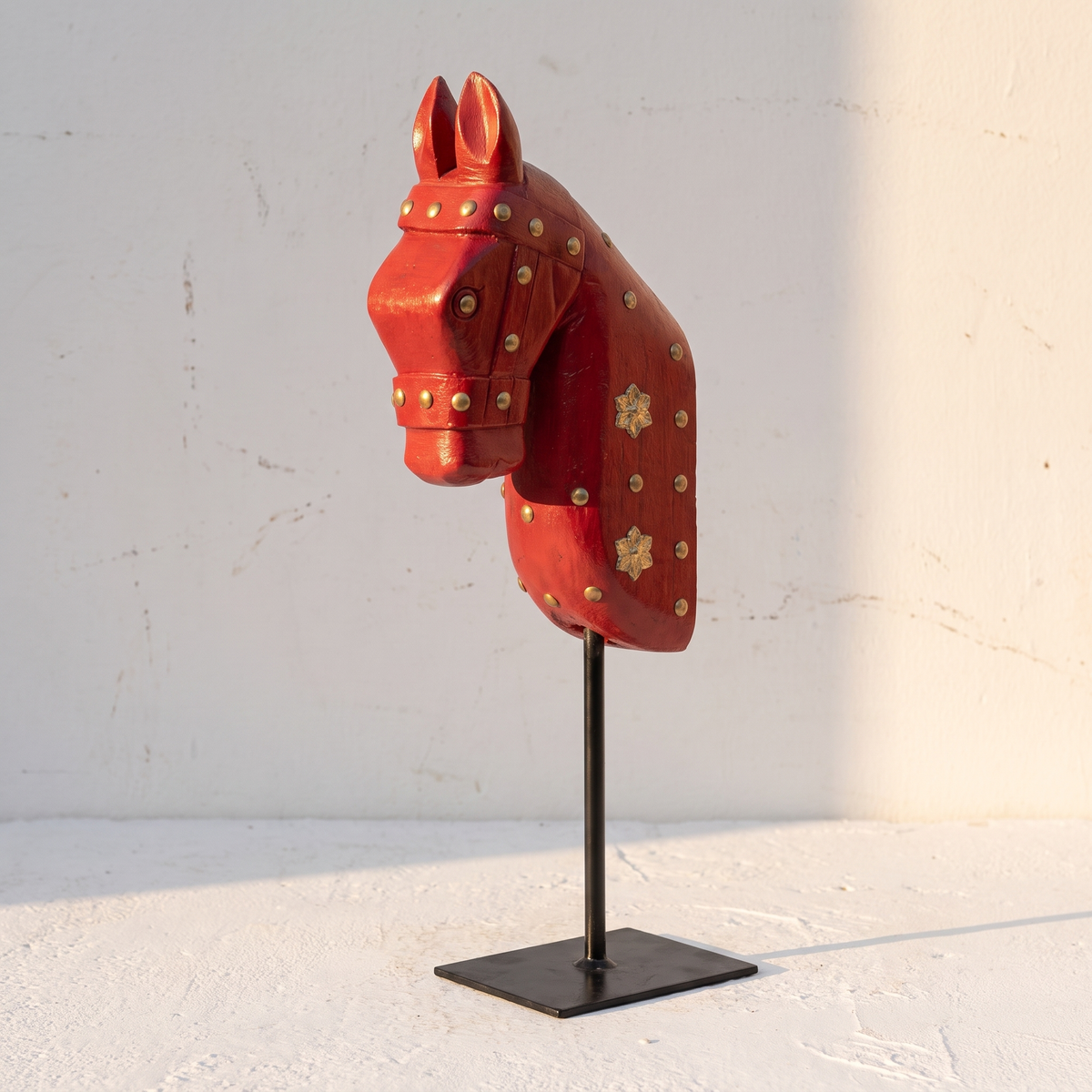 Wooden Horse on Metal Stand | Red with brass studding | H -13.5 inch (4x3 inch base)
