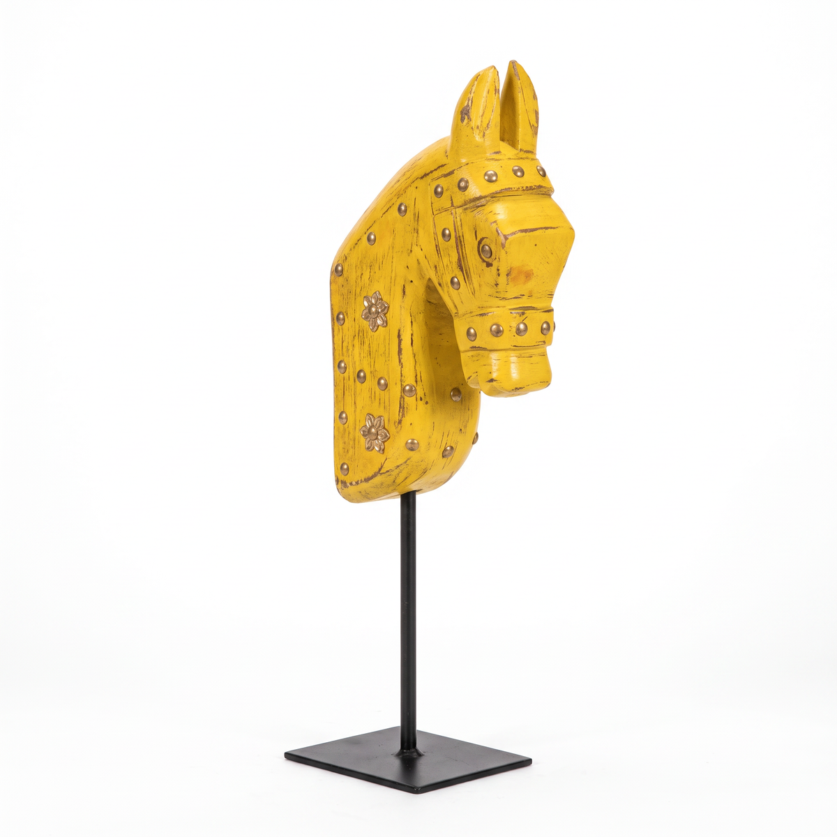 Wooden Horse on Metal Stand | Yellow with brass studding | H -13.5 inch (4x3 inch base)
