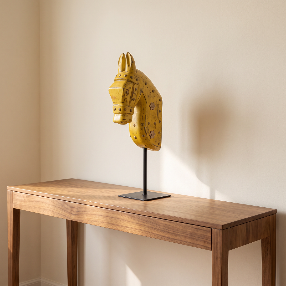 Wooden Horse on Metal Stand | Yellow with brass studding | H -13.5 inch (4x3 inch base)