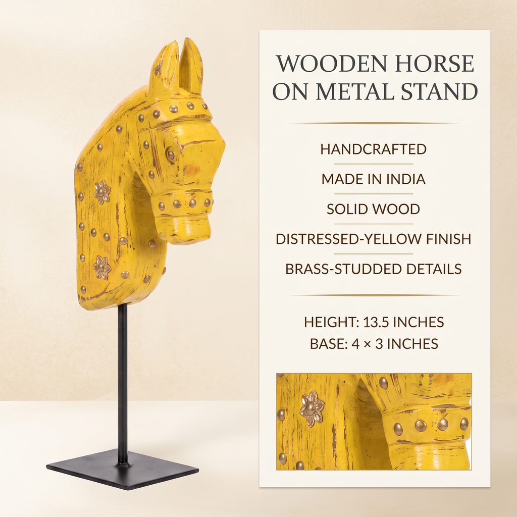 Wooden Horse on Metal Stand | Yellow with brass studding | H -13.5 inch (4x3 inch base)