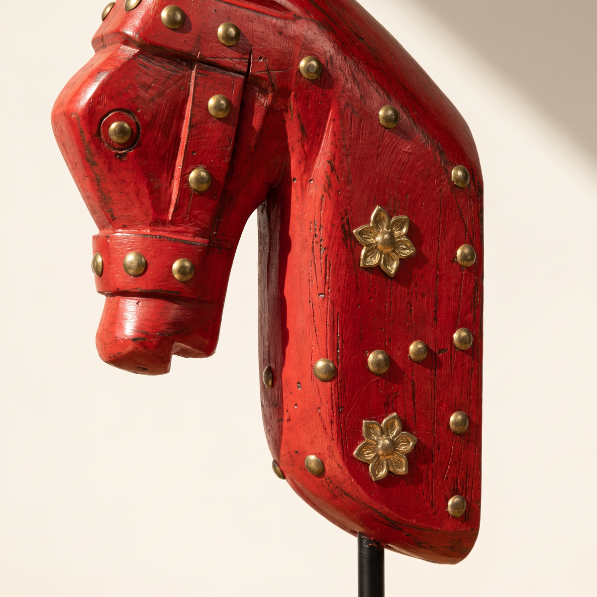 Wooden Horse on Metal Stand | Red with brass studding | H -13.5 inch (4x3 inch base)