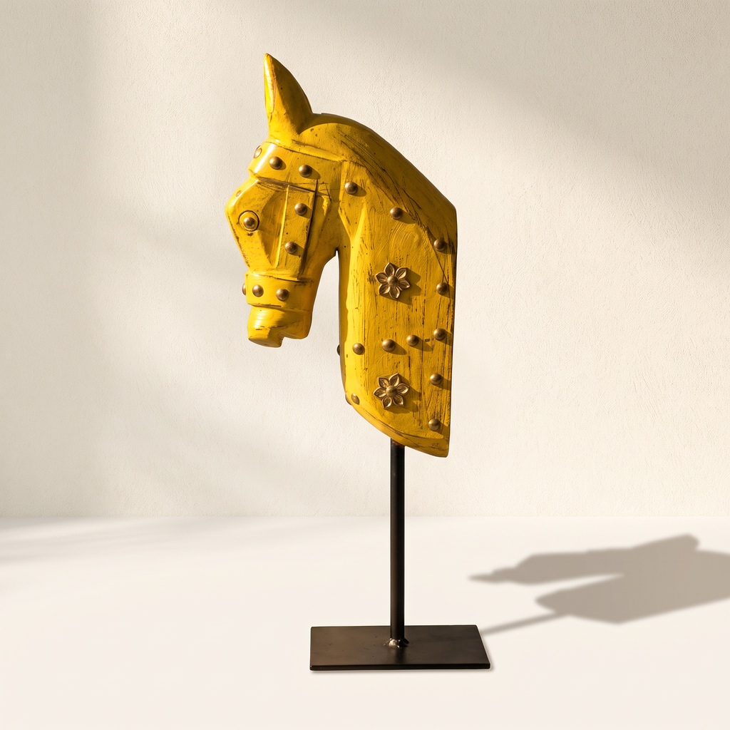 Wooden Horse on Metal Stand | Yellow with brass studding | H -13.5 inch (4x3 inch base)