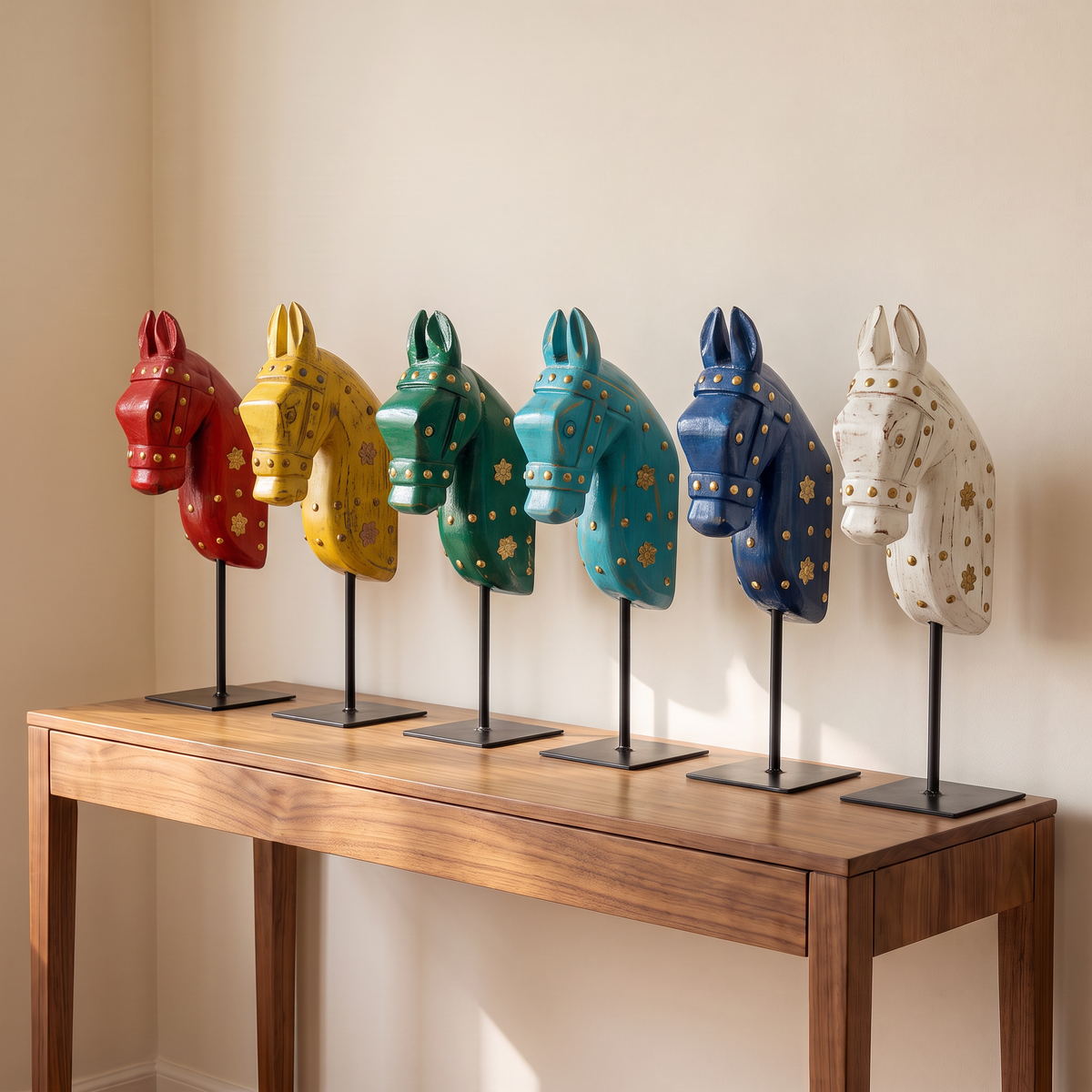Wooden Horse on Metal Stand | White with brass studding | H -13.5 inch (4x3 inch base)