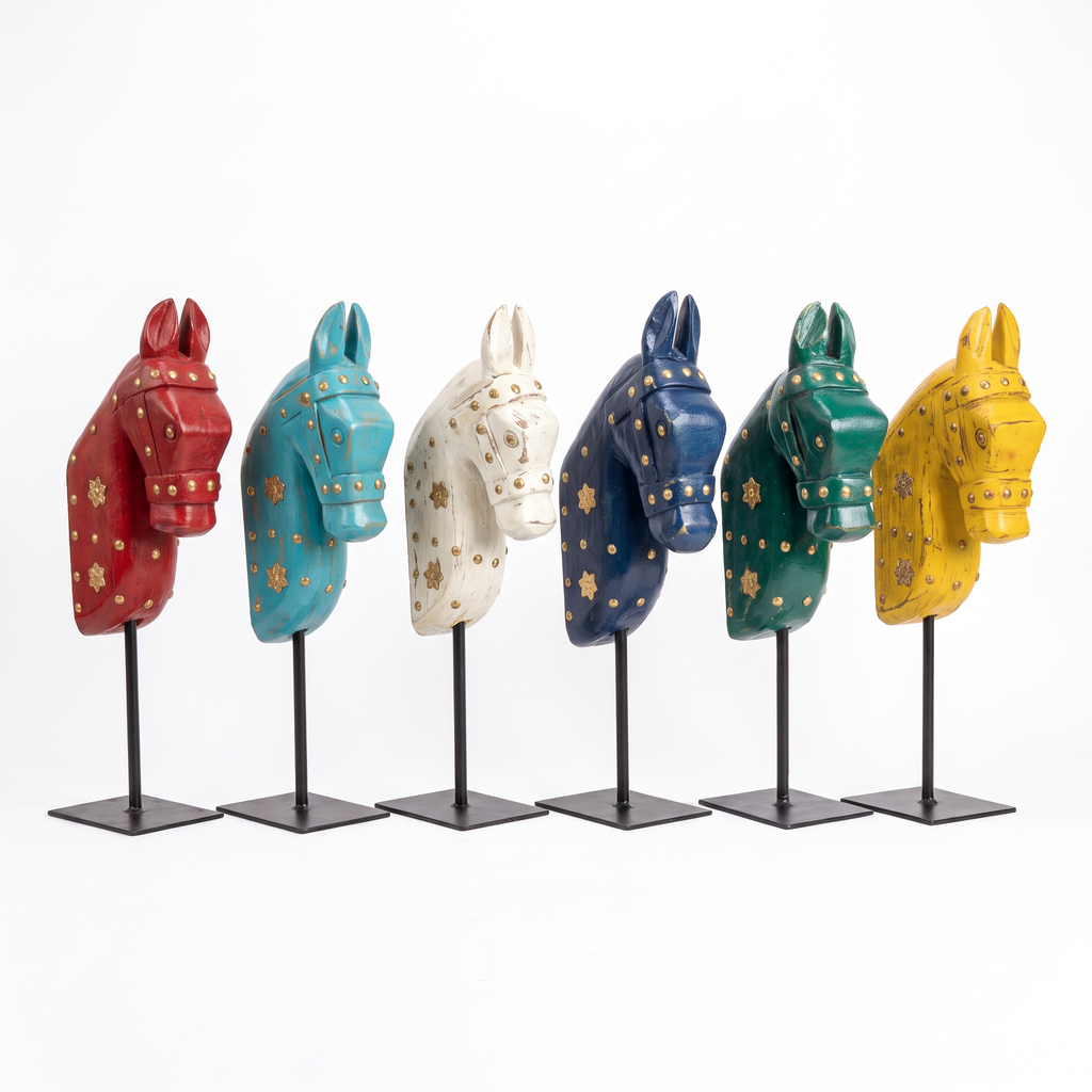 Wooden Horse on Metal Stand | Yellow with brass studding | H -13.5 inch (4x3 inch base)