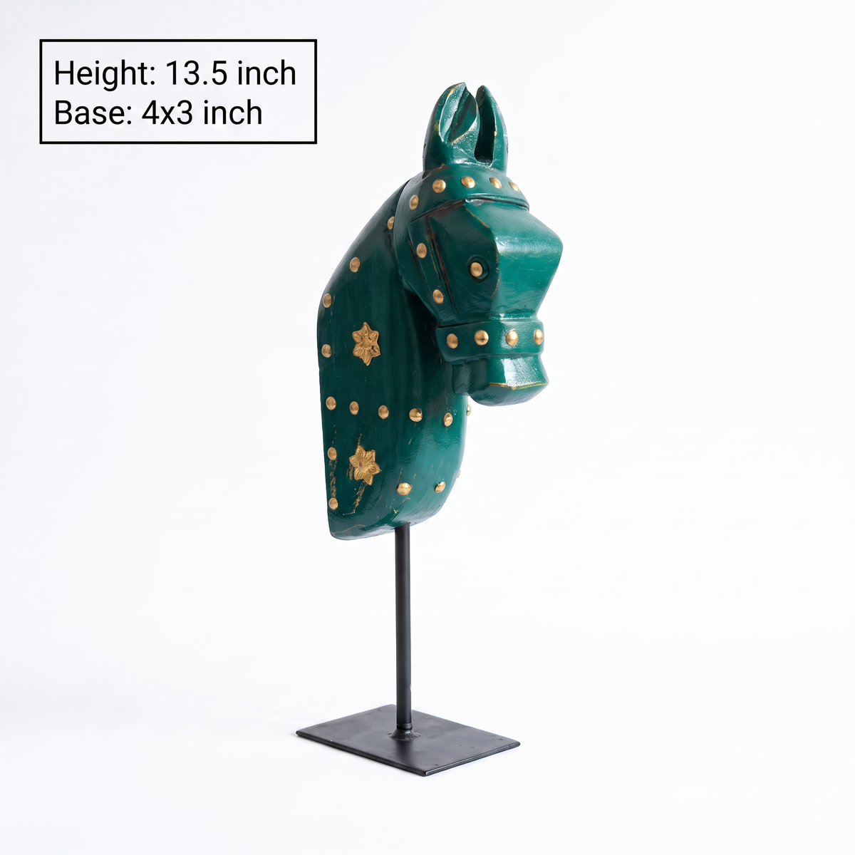 Wooden Horse on Metal Stand | Dark Green with brass studding | H -13.5 inch (4x3 inch base)