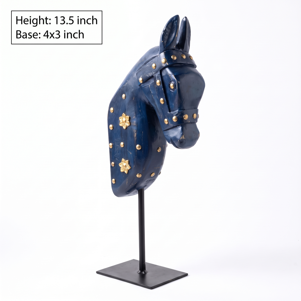 Wooden Horse on Metal Stand | Navy Blue with brass studding | H -13.5 inch (4x3 inch base)