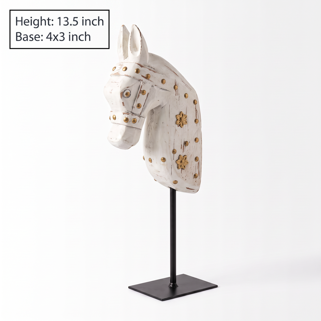 Wooden Horse on Metal Stand | White with brass studding | H -13.5 inch (4x3 inch base)