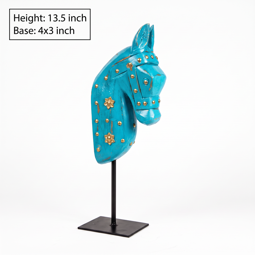 Wooden Horse on Metal Stand | Light Blue with brass studding | H -13.5 inch (4x3 inch base)