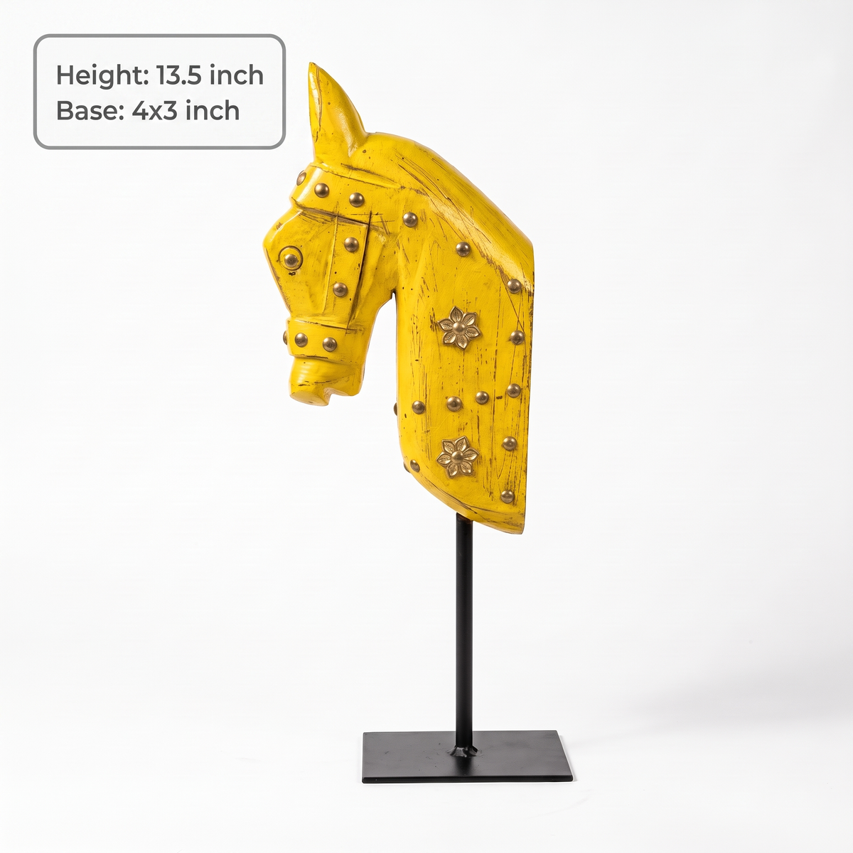 Wooden Horse on Metal Stand | Yellow with brass studding | H -13.5 inch (4x3 inch base)