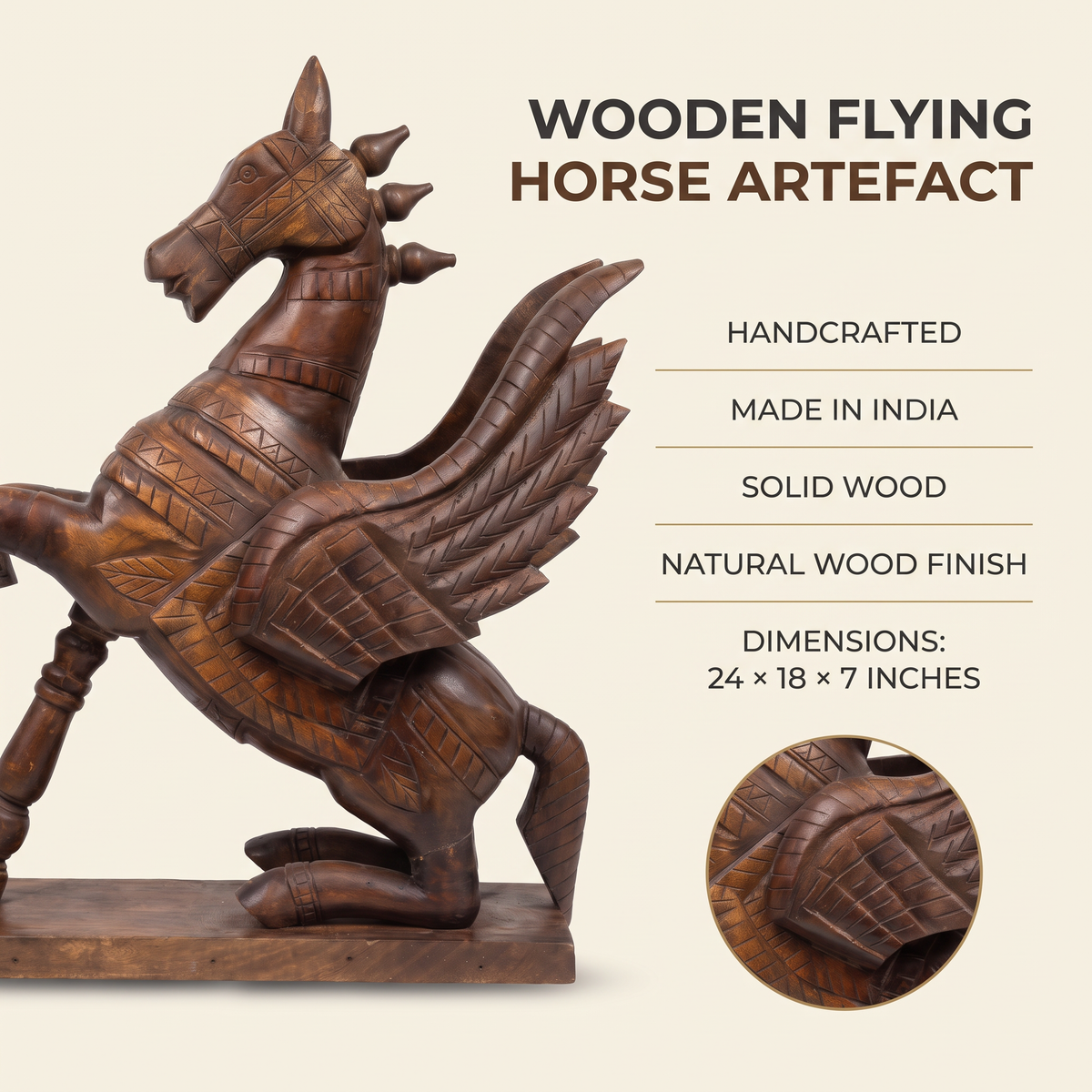 Wooden Flying Horse | Natural finish | 24x18x7 Inch