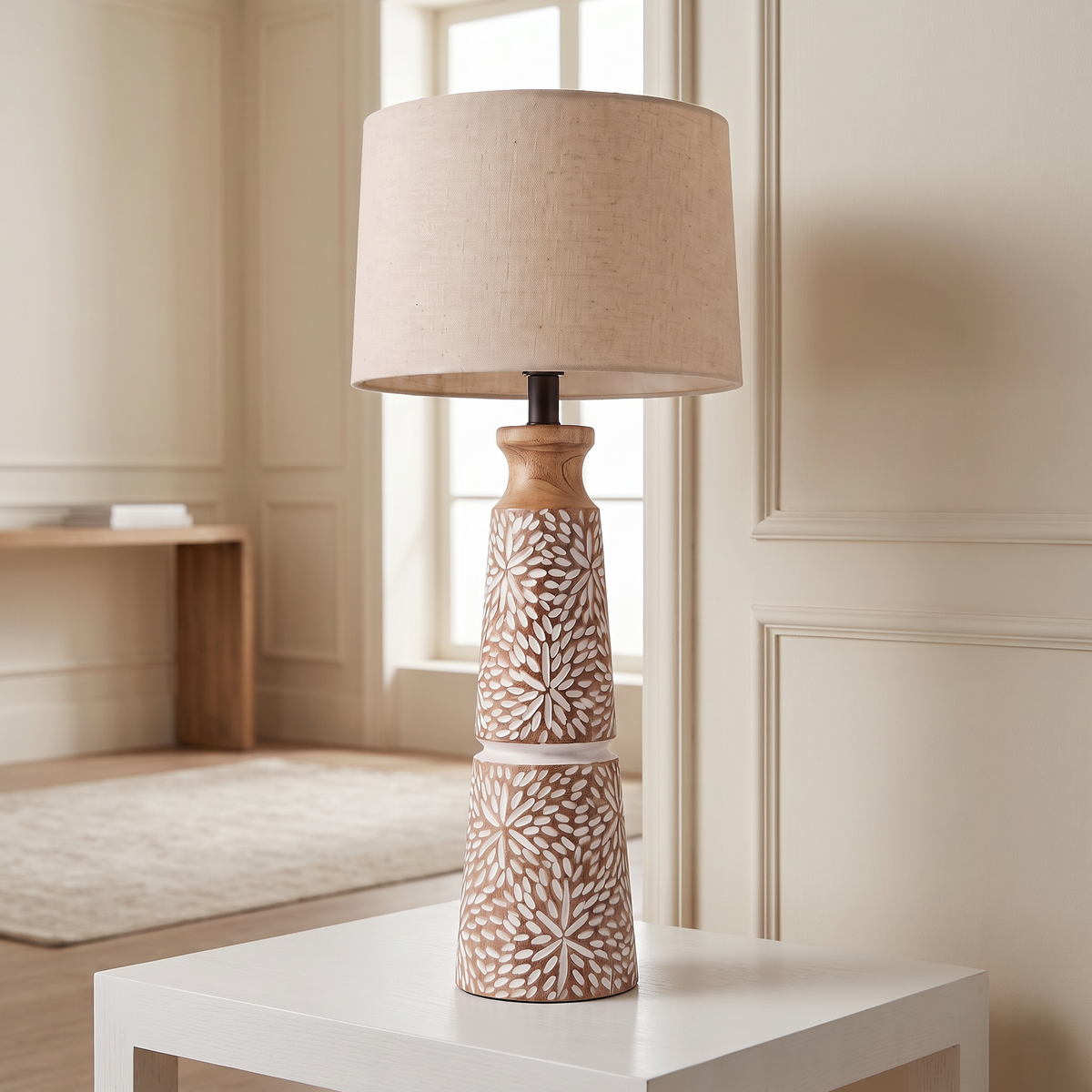 Wooden Table Lamp (Shade included) | H- 70cm (Dia base 15cm)