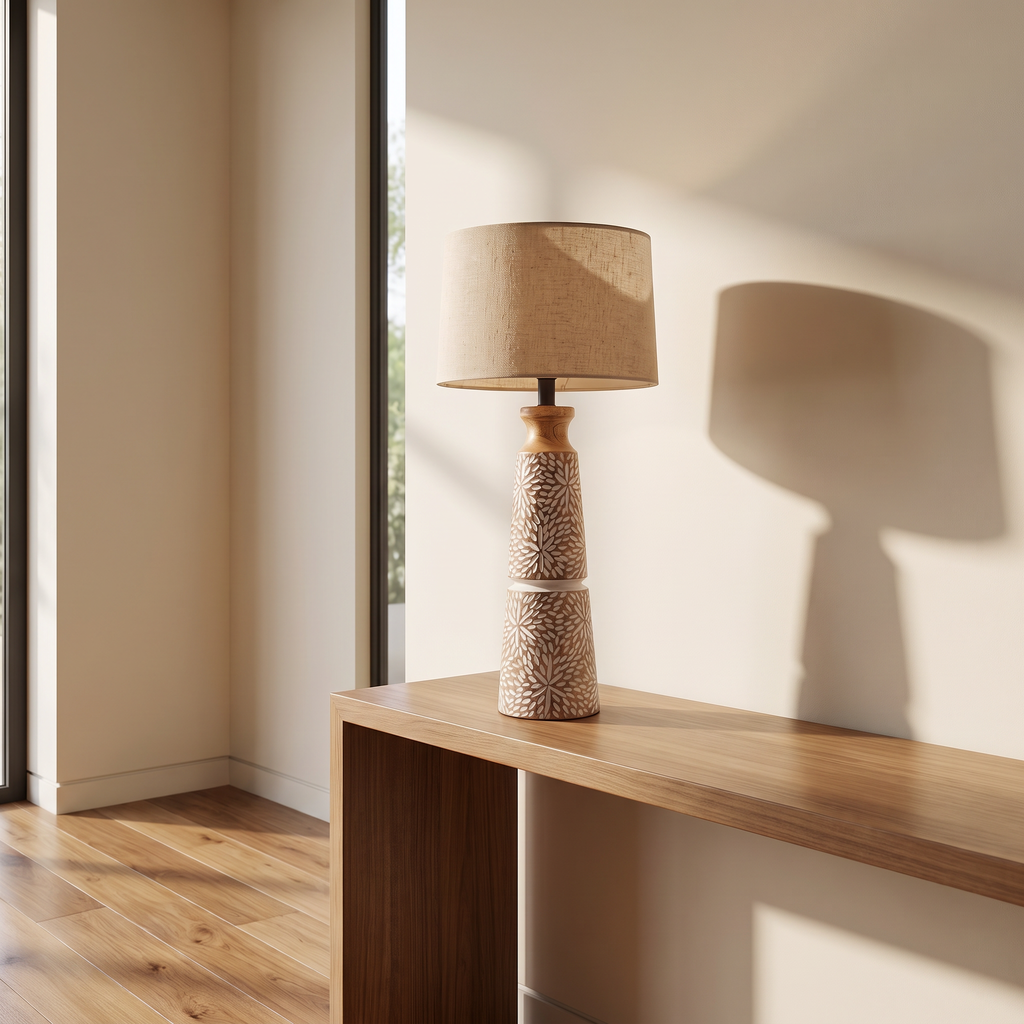Wooden Table Lamp (Shade included) | H- 70cm (Dia base 15cm)