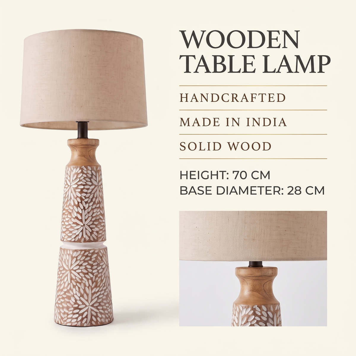 Wooden Table Lamp (Shade included) | H- 70cm (Dia base 15cm)